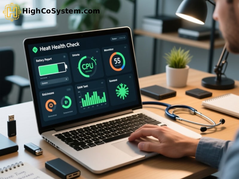 A person sitting at a desk using a laptop that displays a colorful system health monitoring dashboard titled "Heat Health Check," showing CPU usage at 55%, battery report, RAM test, GPU, disk, fan speed, and temperature. A stethoscope, notebook, pen, and lamp are also on the desk, blending medical and technical themes.