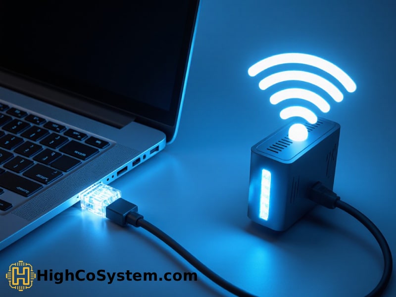 Laptop connected via Ethernet to a glowing network device with Wi-Fi signal, branded by HighCoSystem.com