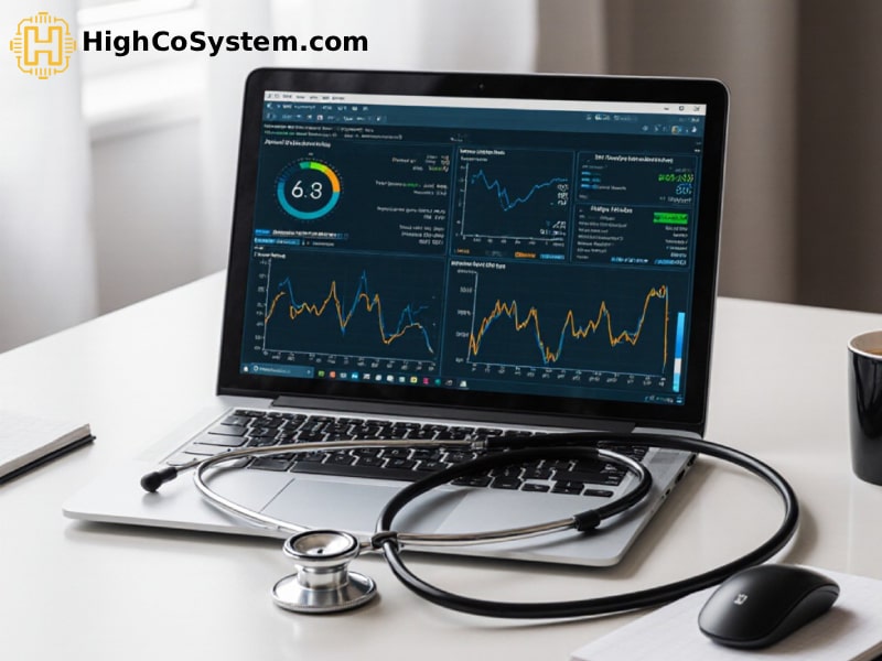 A laptop on a desk displaying a healthcare data analytics dashboard with charts and graphs, accompanied by a stethoscope on the keyboard, a notebook, and a computer mouse.