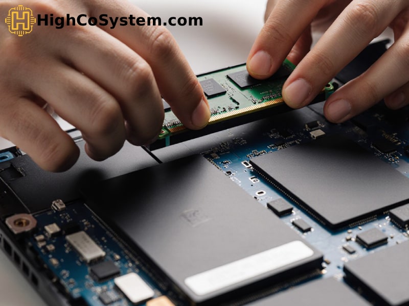 Close-up of RAM module being installed into a laptop motherboard, with HighCoSystem.com branding