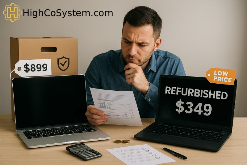 analyzing two laptops side by side: a brand-new device with packaging and a refurbished laptop