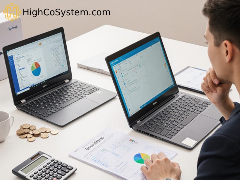 two laptops, a calculator, coins, and printed charts, with a person reviewing performance data