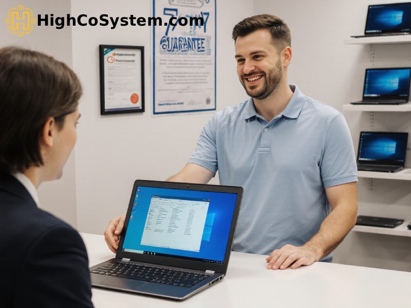 A professional customer and sales associate discussing a refurbished laptop in an IT service store, with visible guarantee signage and multiple laptops on display