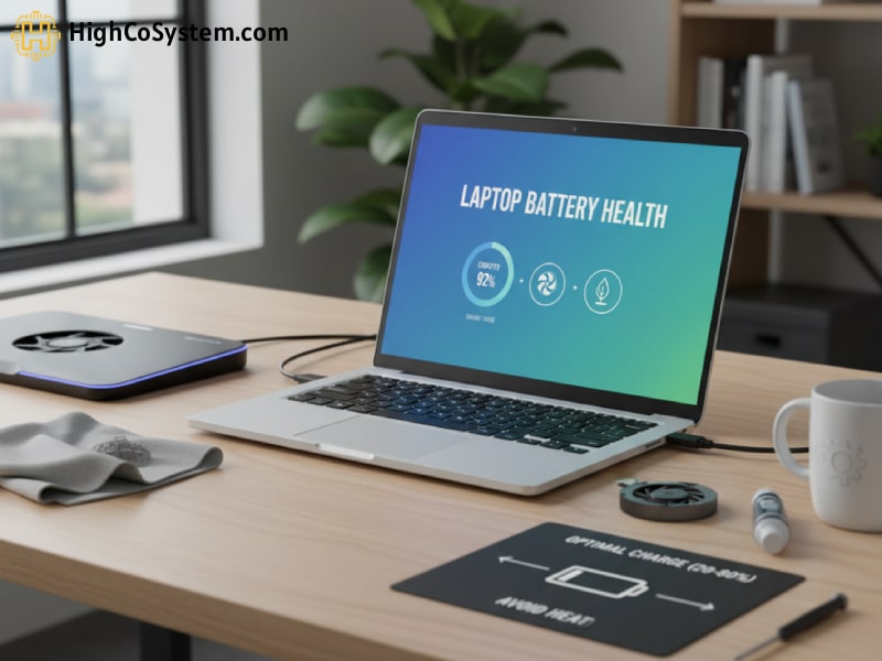 Laptop on desk with a text on screen titled laptop battery health