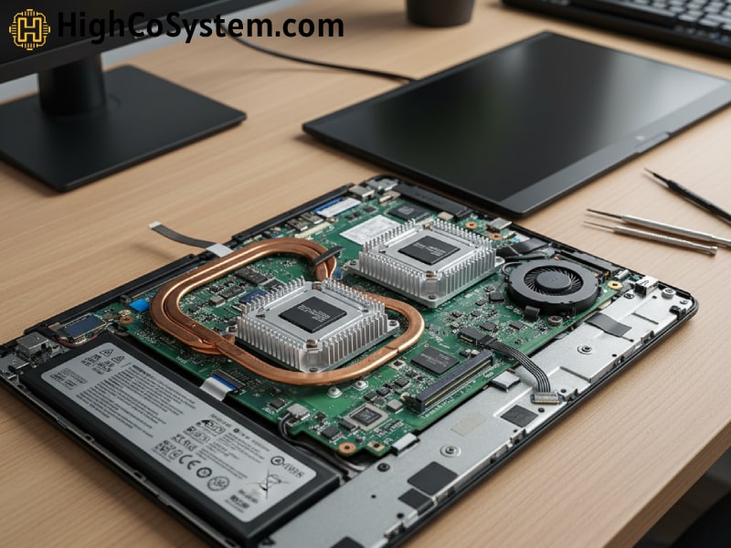 Opened laptop on wooden desk showing motherboard, battery, heat sinks, and repair tools