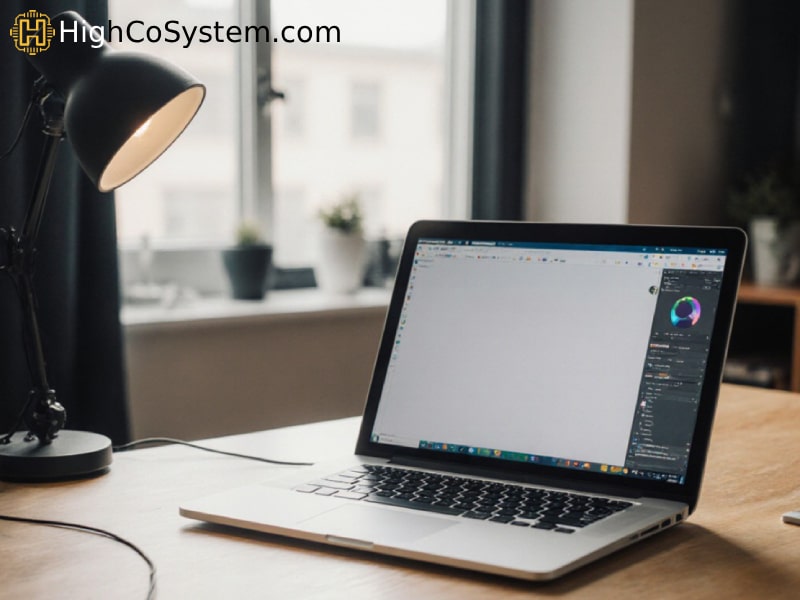 Wooden desk with a stock laptop running graphic design software, black desk lamp, and small potted plants on the windowsill; branded with HighCoSystem.com.