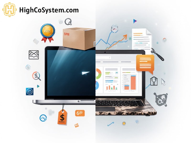 a sleek new laptop with retail packaging and warranty icons on the left, and a rugged refurbished business laptop