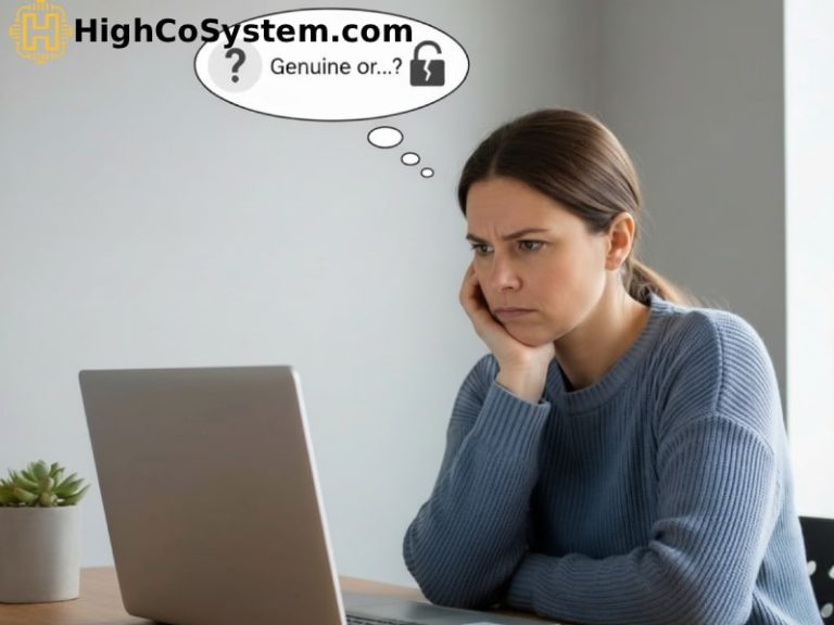 A woman sitting at a desk in front of her laptop with her hand under her chin, looking at the screen and thinking whether the Windows on her laptop is genuine or cracked. A light gray room background and a flower pot on the desk complete the scene.