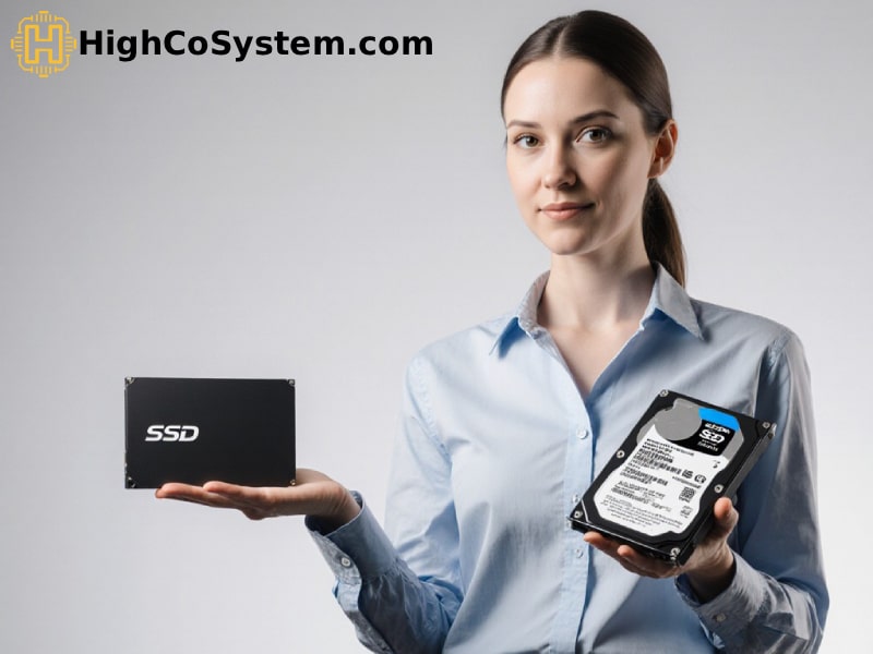 SSD vs HDD comparison held by an engineer against a gray background with HighCoSystem branding