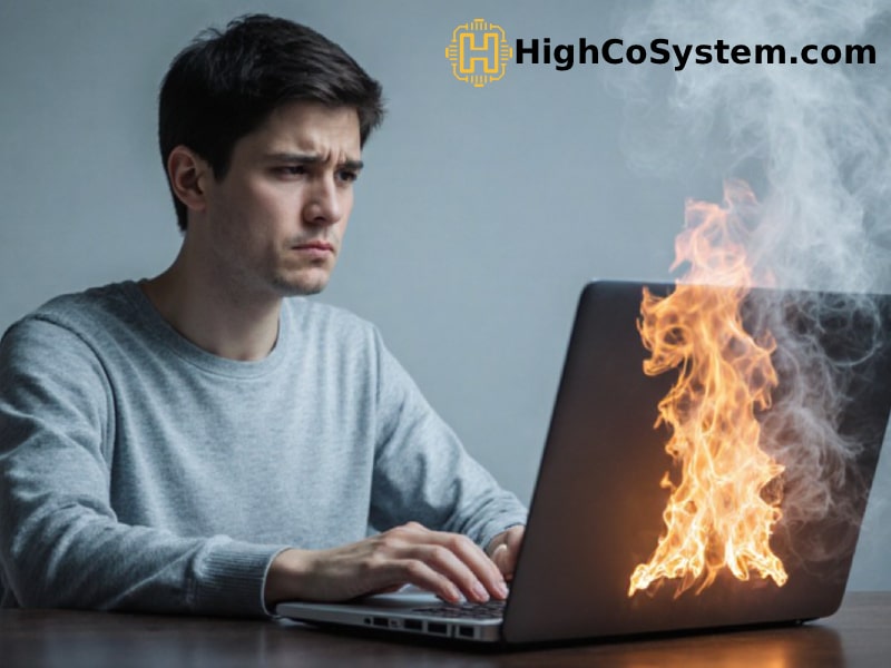 A man sitting at a desk using a laptop that is overheating, with smoke and flames rising from the keyboard, while he looks frustrated and upset.