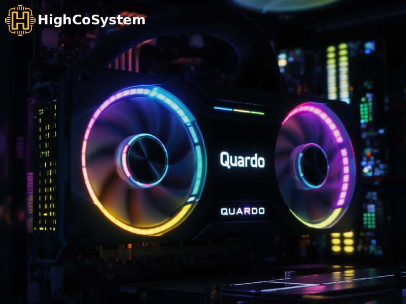 High-performance "Quardo" graphics card with dual RGB fans installed in a custom-built PC, surrounded by illuminated components