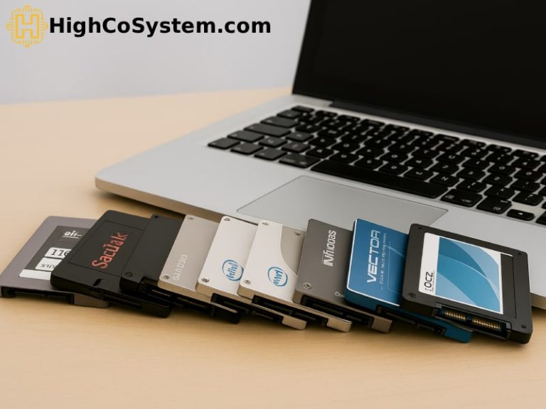 A lineup of the best types of SSDs for laptops, including SATA and NVMe models from brands like SanDisk and Intel