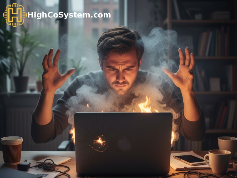 A man sitting at a desk in front of a laptop that is overheating, with smoke and flames rising from it, looking surprised and frustrated in a home office setting.