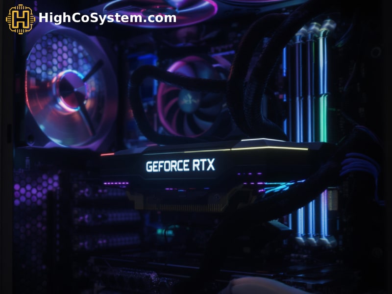 NVIDIA GeForce RTX graphics card installed in a custom-built PC with RGB lighting, surrounded by high-end components