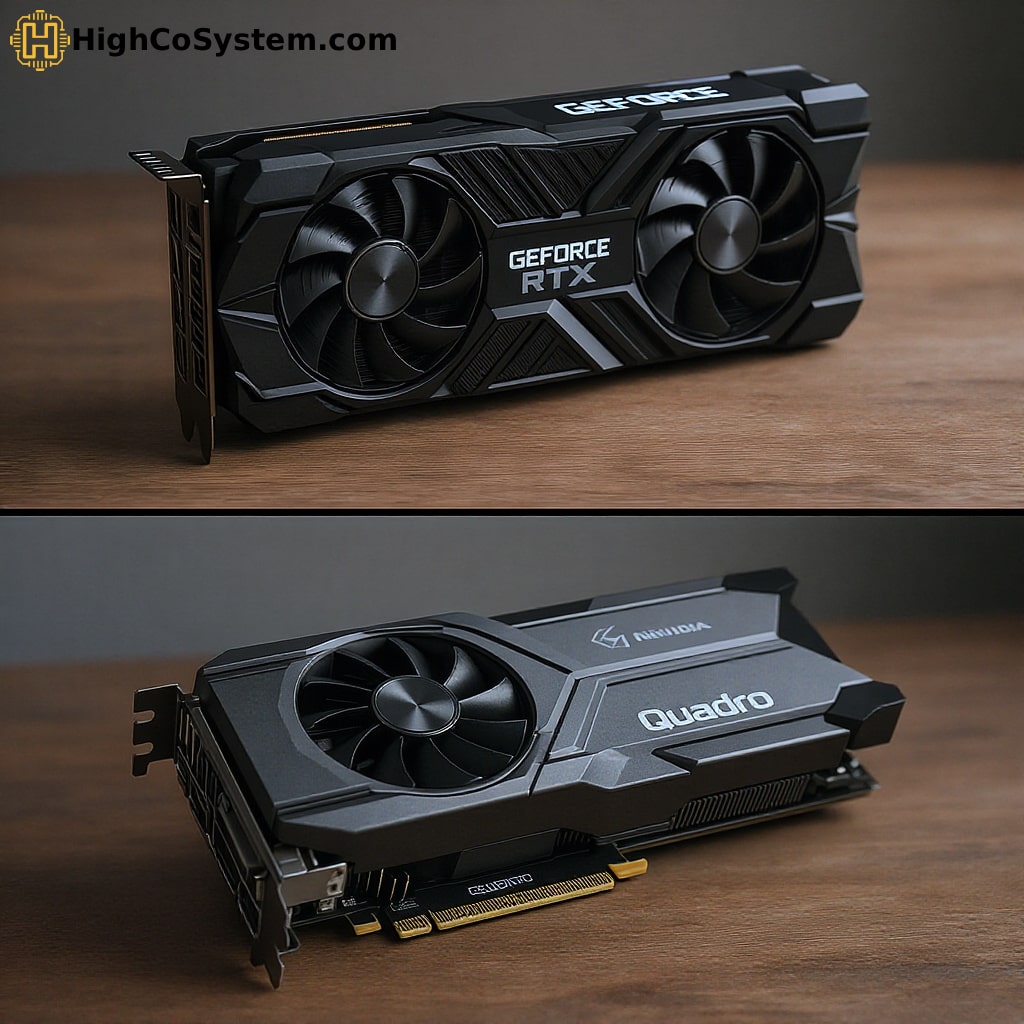 Side-by-side view of NVIDIA GeForce RTX and Quadro graphics cards on a wooden surface, showcasing design and use-case differences