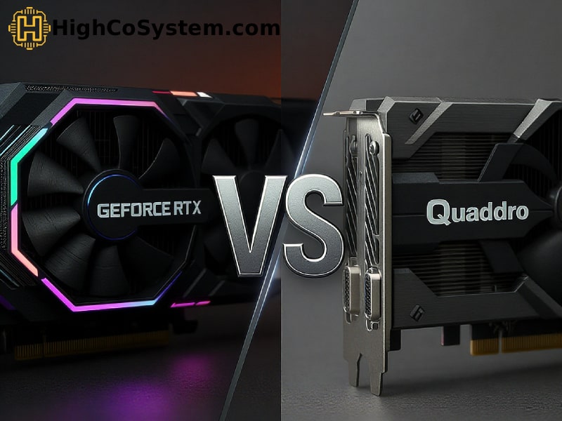 Realistic comparison of NVIDIA GeForce RTX and Quadro graphics cards with a bold "VS" symbol in the center