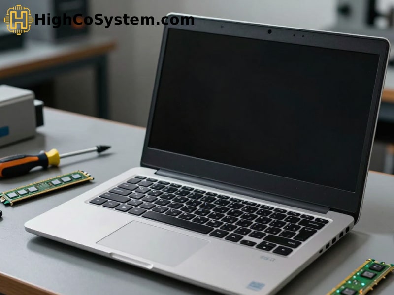 Laptop powered on with black screen, RAM sticks and screwdriver nearby on a repair desk