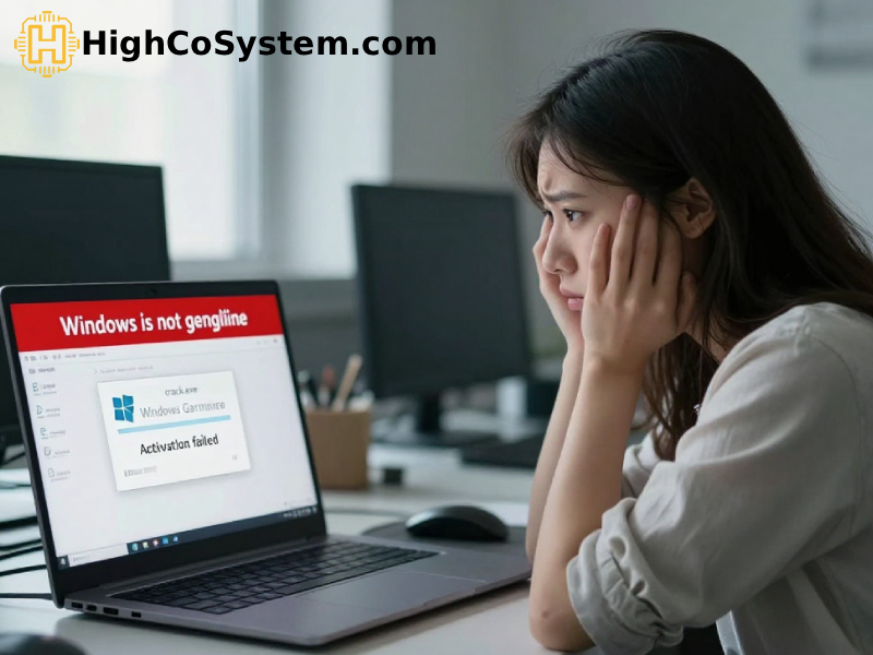 Person at a desk looking at a laptop that displays a garbled activation message reading “Windows is not genuine” and an “Activation failed” popup titled “crack.exe”; the user appears worried.