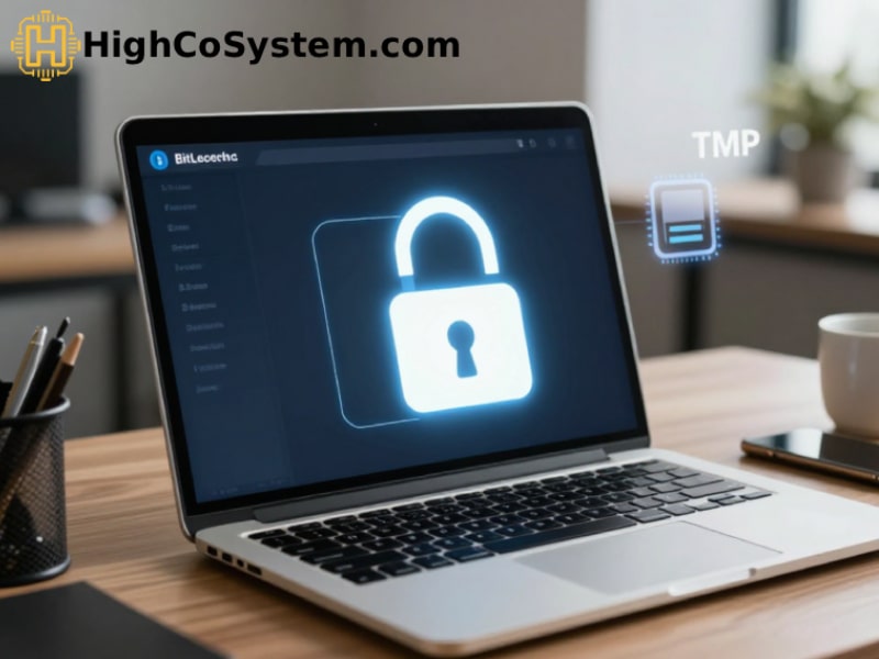 Laptop screen showing BitLocker encryption with padlock and TPM icons in a modern office setting