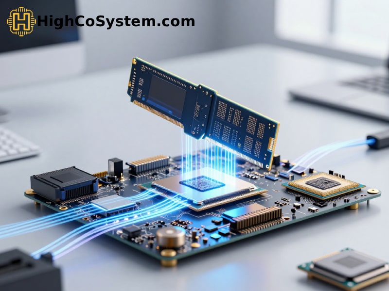 Close-up of a modern motherboard with SSD NVMe installation and glowing data transfer effects