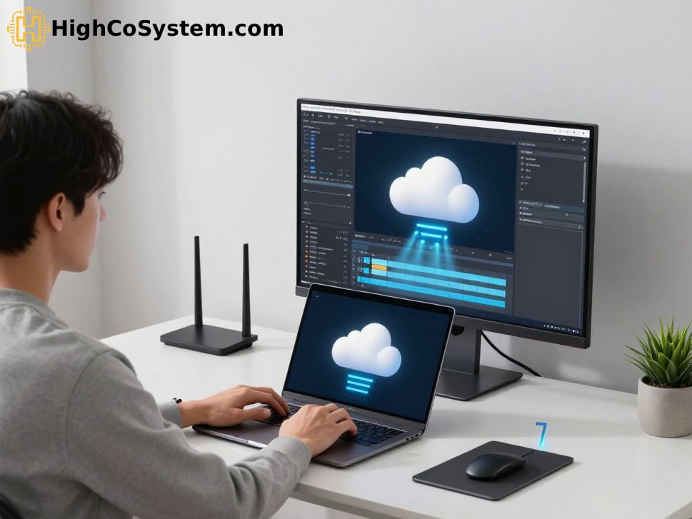 Professional in a modern home office using Wi-Fi 7 for cloud editing.
