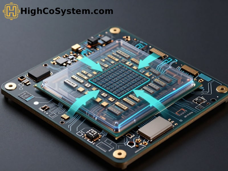 Detailed view of a computer chip on a motherboard showing capacitors and printed circuit traces.