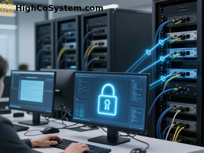 Server room with computer displaying BitLocker padlock icon and secure data flow to network racks