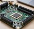 Close-up of laptop motherboard showing NPU and GPU chips