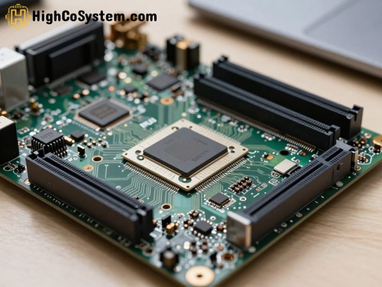 Close-up of laptop motherboard showing NPU and GPU chips