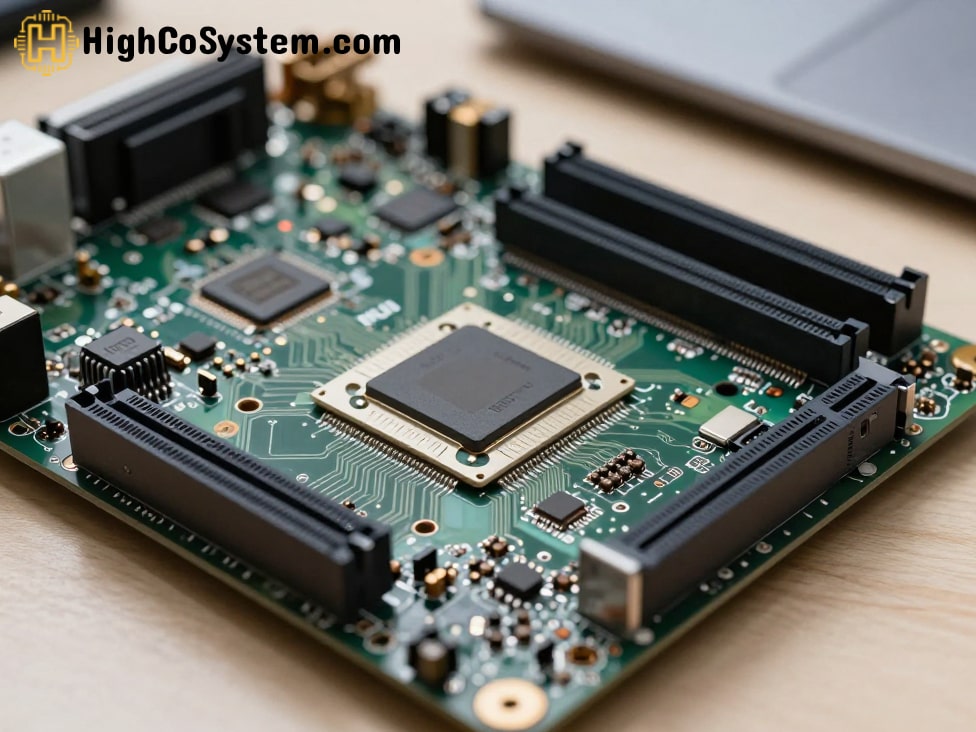 Close-up of laptop motherboard showing NPU and GPU chips