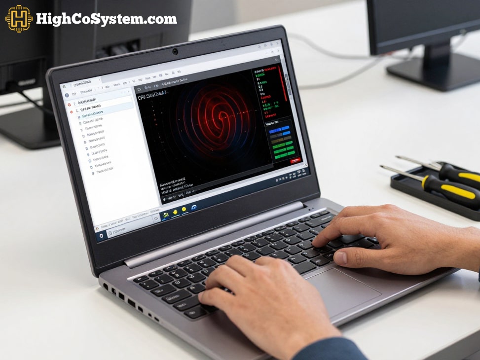 A realistic photo of a person testing a used business-class laptop on a desk. The laptop screen displays diagnostic tools including CrystalDiskInfo for SSD health, HWMonitor for temperature monitoring, and MemTest86 for memory tests. The user is pressing keys to check the keyboard while a USB flash drive and headphones are connected to test the ports. A screwdriver set and an external monitor via HDMI are visible on the table, creating a professional inspection environment