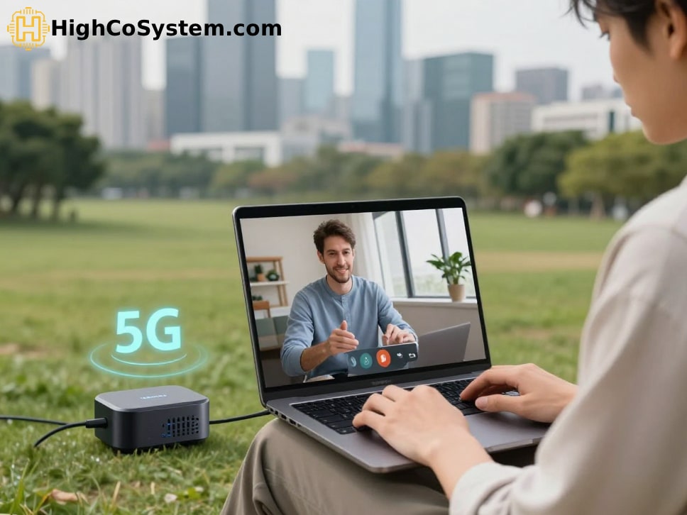 A professional working on a laptop via 5G hotspot in a scenic outdoor location.
