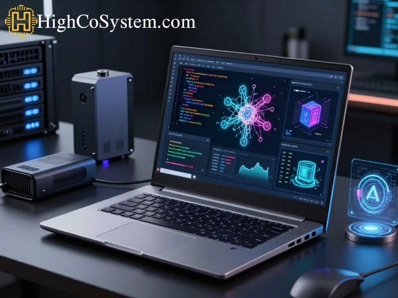 Ultra realistic photo of a powerful AI laptop with neural network visualization, machine learning dashboards, and external GPU setup in a professional tech workspace