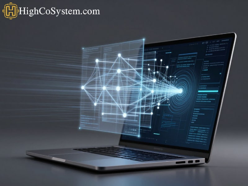 Ultra realistic cinematic image of a high-performance laptop processing machine learning data with visual learning flow and structured data patterns