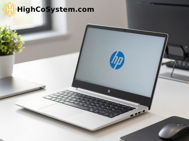 HP laptop on a modern white desk with accessories and natural lighting