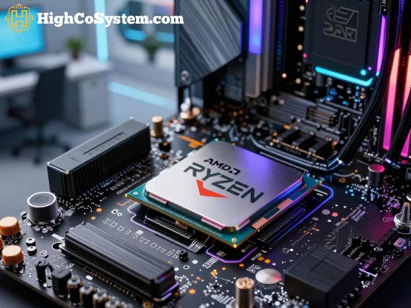 Close-up of AMD Ryzen processor installed on RGB-lit motherboard in a modern desktop setup