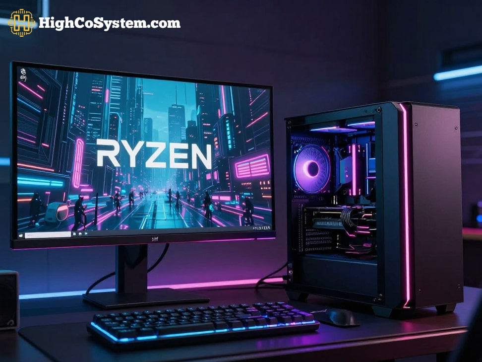 Futuristic AMD Ryzen gaming setup with RGB-lit components and neon cityscape display