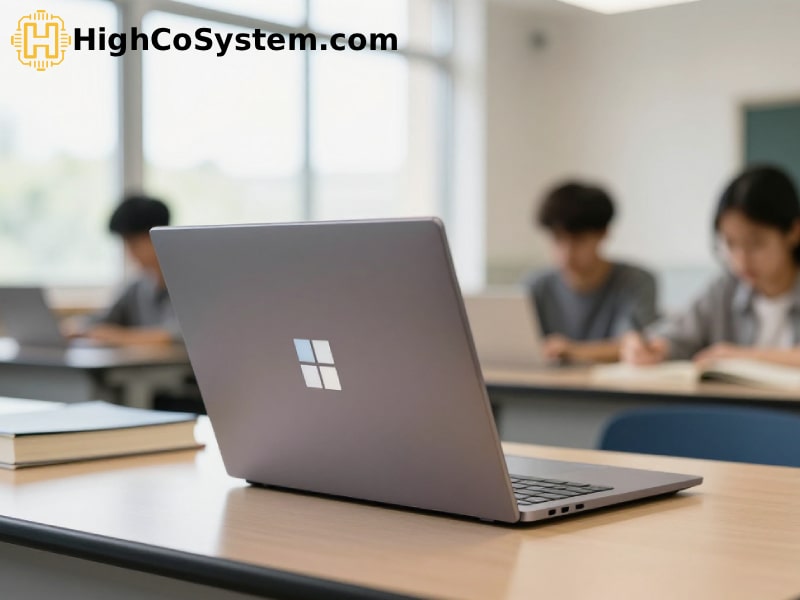 Microsoft Surface Laptop 4 closed on a classroom desk beside books, with students in the background