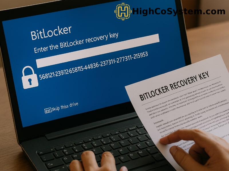 Laptop showing BitLocker recovery screen with blue background, lock icon, and partially entered 48‑digit recovery key; a person holds a printed “BITLOCKER RECOVERY KEY” document; “Esc skip this drive” visible; “HighCoSystem.com” in the corner.