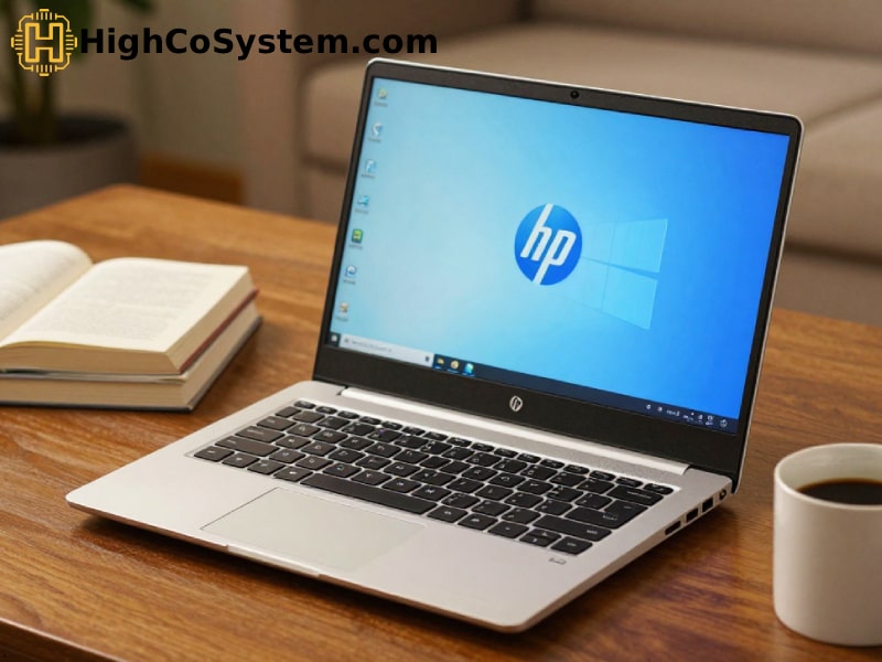Microsoft Surface Laptop 4 on a wooden table with coffee and book in a cozy indoor setting