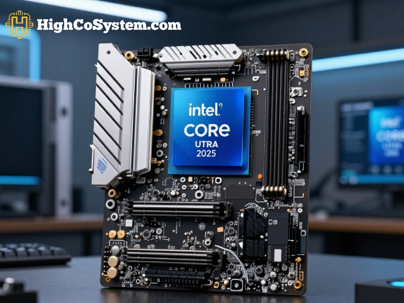 Intel Core Ultra 2025 processor installed on vertical motherboard with visible components in tech workspace
