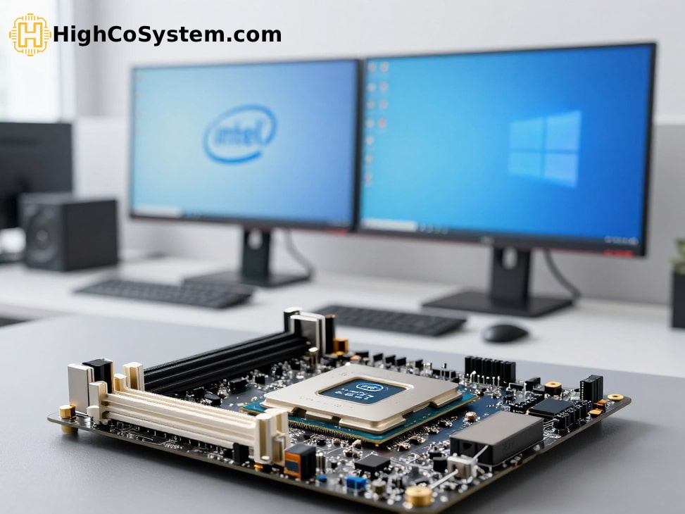Intel processor installed on motherboard in modern tech workspace with dual monitors and Windows interface